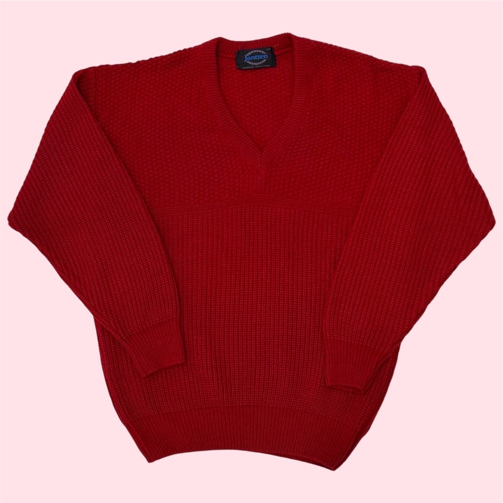 Vintage 80s Jantzen V Neck Fisherman’s Rib Woven Stitch Knit Sweater Red Small